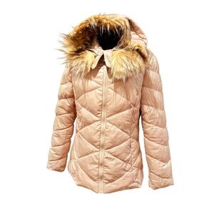 Guess Beige Puffer Jacket with Faux Fur Hood size M